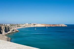 Beautiful aerial view of Sagres beach. Two white yachtes near the coast. Portugal photo