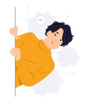Cheerful Young man standing behind a wall while peeking with curiosity concept illustration vector