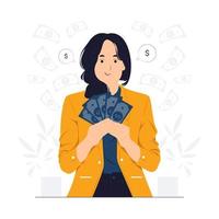 mujer de negocios pensando dónde ir de vacaciones y cómo invertir los dólares ganados, tener efectivo y buscar pensativo. ilustración del concepto de negocios, finanzas y empleo, empresario y dinero vector