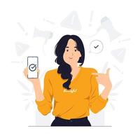 retrato de una mujer de negocios alegre que muestra puntos con el dedo índice en un teléfono móvil de pantalla en blanco intenta mostrar una ilustración conceptual asombrosa vector