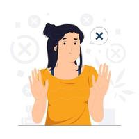 Woman says no and makes stop gesture, forbids something and expresses disagreement, Body language No means no concept illustration vector