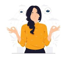 Lifestyle, people emotions, Relaxed and patient smiling young woman with closed eyes meditating to calm down, do breathing exercises with hands in zen gesture concept illustration vector