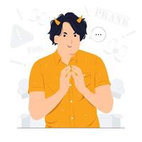 Cunning sneaky man with devil horn gesticulating with fingers planning devious tricks and cheats, scheming prank, having fun concept illustration vector