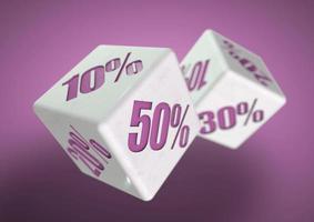 Two dice rolling. Percentage savings on each face. Discount, deal, sale, save money