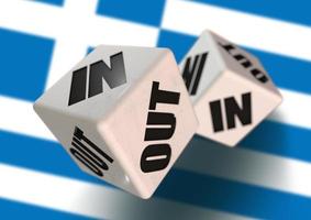 In or Out vote on dice for Greece leaving the European Union with Greece flag in the background. Hexit. photo