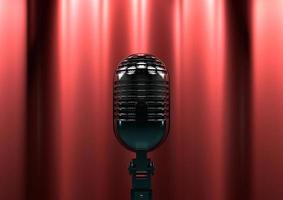 Vintage microphone on stage with red curtains. Moody stage lighting creates drama and suspense.