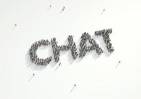 toma aérea de una multitud de personas formando la palabra 'chat'. concepto de cómo las personas se siguen en redes sociales y canales de medios sociales, sitios web, salas de chat y grupos de noticias. foto