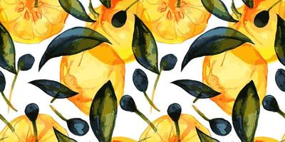 Citrus and olive fruits seamless pattern with traced watercolor vector