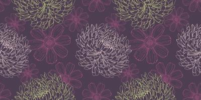patrón transparente púrpura floral con flores de crisantemo y cosmos vector