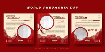 Set of red social media post template with lungs design. World Pneumonia Day template design. vector