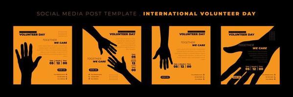 conjunto de diseño de plantilla de publicación en redes sociales con silueta de mano. diseño de plantilla del día internacional del voluntariado. vector