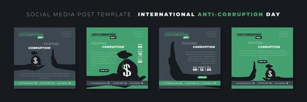 conjunto de plantilla de publicación en medios sociales con bolsa de dólar y diseño de parada de mano. diseño de plantilla del día internacional contra la corrupción. vector