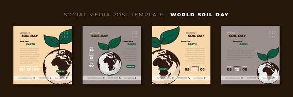 conjunto de plantilla de publicación en medios sociales con diseño de hoja verde en la tierra. diseño de plantilla del día mundial del suelo. vector