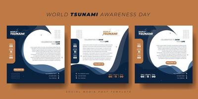 conjunto de plantillas de publicaciones en medios sociales con diseño de fondo de olas de tsunami. diseño de plantilla del día mundial de concientización sobre tsunamis. vector