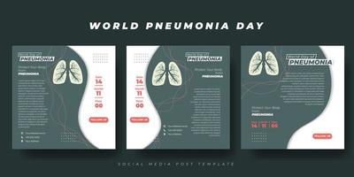 Set of social media post template with dark green and lungs design. World Pneumonia Day template design. vector