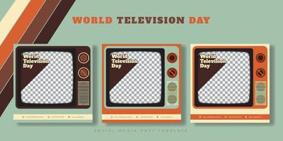 conjunto de plantillas de publicación en medios sociales con diseño de televisión antiguo. diseño de plantilla del día mundial de la televisión. vector