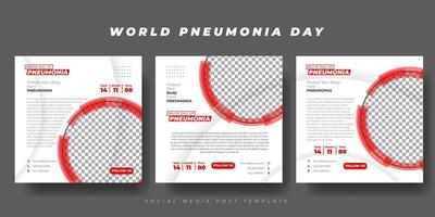 conjunto de plantillas de publicación en medios sociales con diseño de color blanco y rojo. diseño de plantilla del día mundial de la neumonía. vector