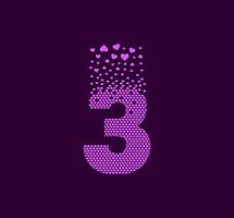 Heart number 3 animated pixel dot logo. Big 3 mark pixels up. vector