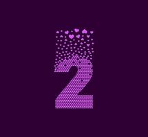 Heart number 2 animated pixel dot logo. Big 2 mark pixels up. vector