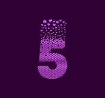 Heart number 5 animated pixel dot logo. Big 5 mark pixels up. vector