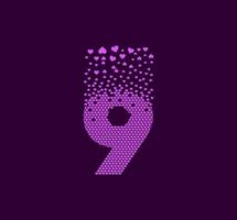 Heart number 9 animated pixel dot logo. Big 9 mark pixels up. vector