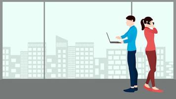 man using laptop and woman on phone call, business concept vector character illustration on flat building background.