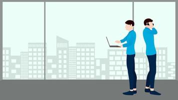 man using laptop and man on phone call, business concept vector character illustration on flat building background.