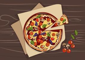 Italian pizza with salami, mushrooms, tomatoes, basil and cheese on a wooden table vector