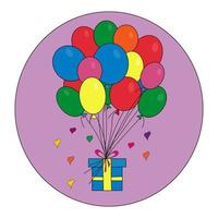 Vector holiday illustration. Multicolored balloons with a gift to a decorated cardboard box
