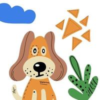 Print with cartoon dog. Abstract and botanical hand-drawn elements. vector