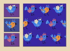 Seamless pattern of cute cartoon birds with abstract elements for postcards and prints vector