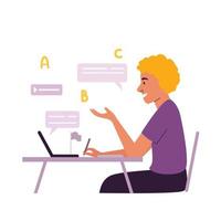 Concept of online education, training and courses, learning, video tutorials. A young man learns languages online at home. Vector illustration in a flat cartoon style.