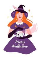 Happy Halloween card. Flat vector illustration of a witch, skull, ghost.