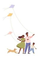 familia feliz con hijo y perro diviértete con una cometa. los padres y el niño vuelan una cometa. jugando al aire libre. ilustración vectorial plana