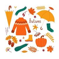 Vector autumn set of clothes, leaves, pumpkins, berries, flowers, acorns, umbrella. Flat illustration for the design of postcards, web, banner and stickers