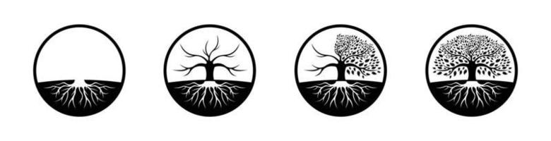 Tree of life logo design inspiration isolated on white background ,black oak tree logo and roots design vector illustration