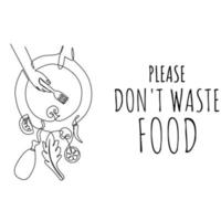 por favor, no desperdicie alimentos, diseño de dibujo continuo de una sola línea, para el día mundial de la alimentación y el día internacional de concienciación sobre la pérdida y el desperdicio de alimentos. vector