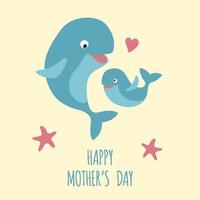 feliz día de la madre. tarjeta de felicitación de plantilla con lindas ballenas. vector