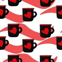 Dark cup with red hearts seamless pattern, gray mug in cartoon style on a background of red waves vector