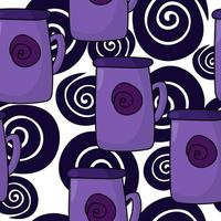 Purple teacup with spiral seamless pattern, cozy mug in cartoon style on a background of dark purple spirals vector