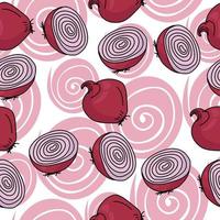 Red onion whole and half seamless pattern, cooking bulbs and pink spirals on white background vector