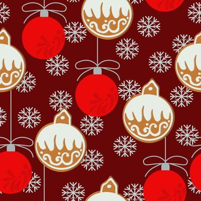 Gingerbread Christmas ball seamless pattern, Xmas gingerbread and red balls on dark red background