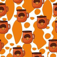 Orange cup with mushroom seamless pattern, cozy mug in cartoon style on a background of orange spots and leaves vector