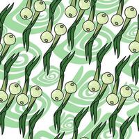 green onions seamless pattern, cooking bulbs and green spirals on white background vector