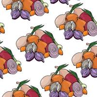 Heap of bulbs of various varieties and sizes seamless pattern, harvest of useful vegetable on a white background vector