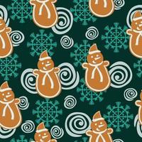 patrón sin costuras de muñeco de nieve de pan de jengibre, pan de jengibre de navidad y copos de nieve sobre fondo verde azul vector