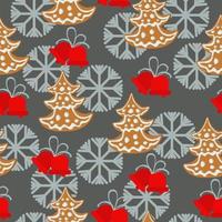 Gingerbread Christmas tree seamless pattern, Christmas gingerbread and bells on gray background vector