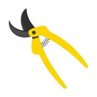 The pruner icon. For cutting branches, twigs and knots. Garden tools, scissors for pruning plants. Garden tools with a yellow handle. Vector illustration in a flat style. Isolated on white.