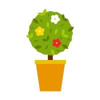 A simple round tree bush with flowers in a flower pot. Summer, gardening. Cartoon flat style.Isolated on a white background. vector