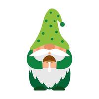 A small plump dwarf in a green polka dot cap holds a mushroom in his hands. A little bearded forest gnome, a cute cartoon character in a flat style. Color vector illustration isolated on white.